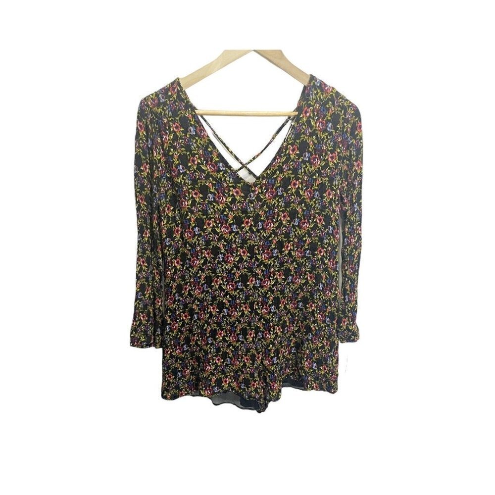 Lush Black Yellow Floral Long Sleeve Romper S Open Back Boho‎ Casual Spring